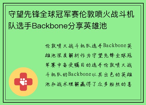 守望先锋全球冠军赛伦敦喷火战斗机队选手Backbone分享英雄池